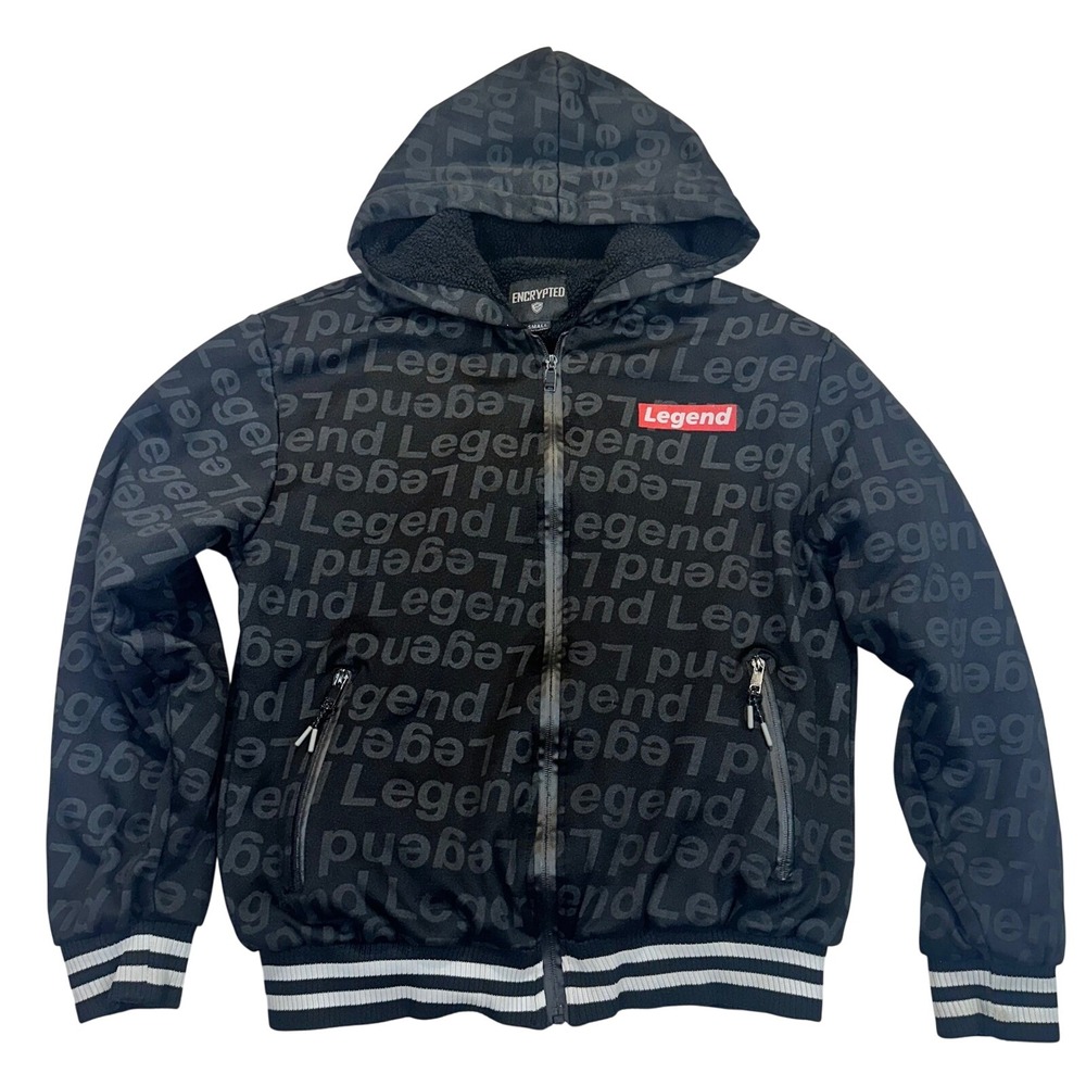 Encrypted Legend Mens Sherpa Lined Full Zip Hoodie Black Grey Small Print